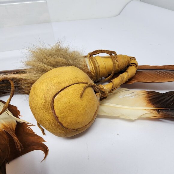 Native American Handmade 17" Bola Leather and Feather Accents AS IS Condition - Picture 8 of 12
